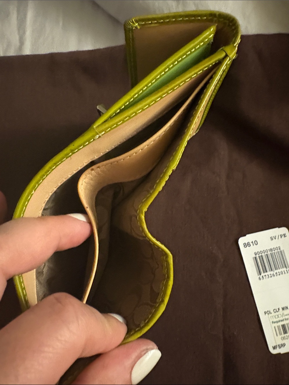 Coach Lime Green Trifold Wallet with Tan Interior - Picture 4 of 9